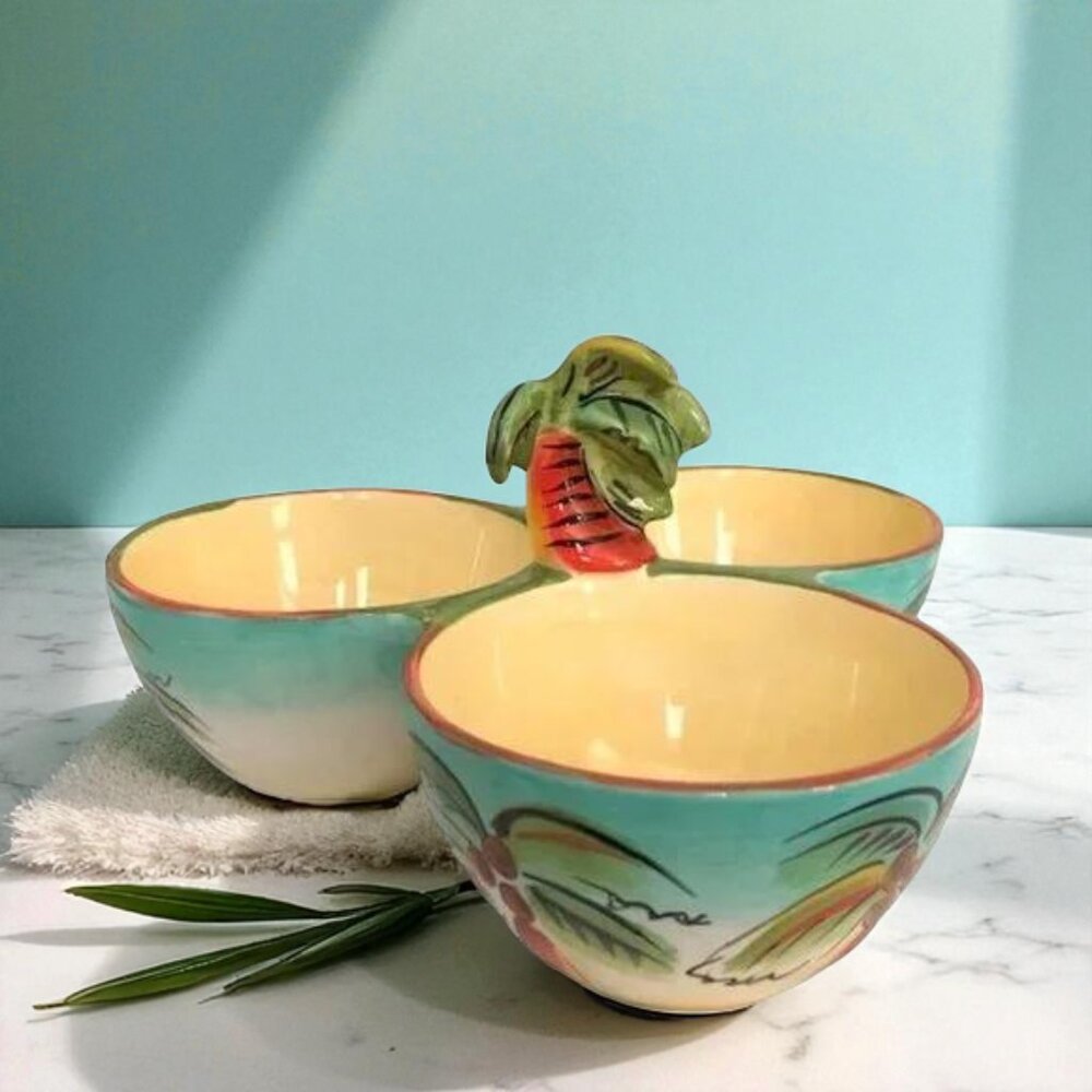 Clay Art Palm Tree 3 Part Condiment Server w/Center Handle